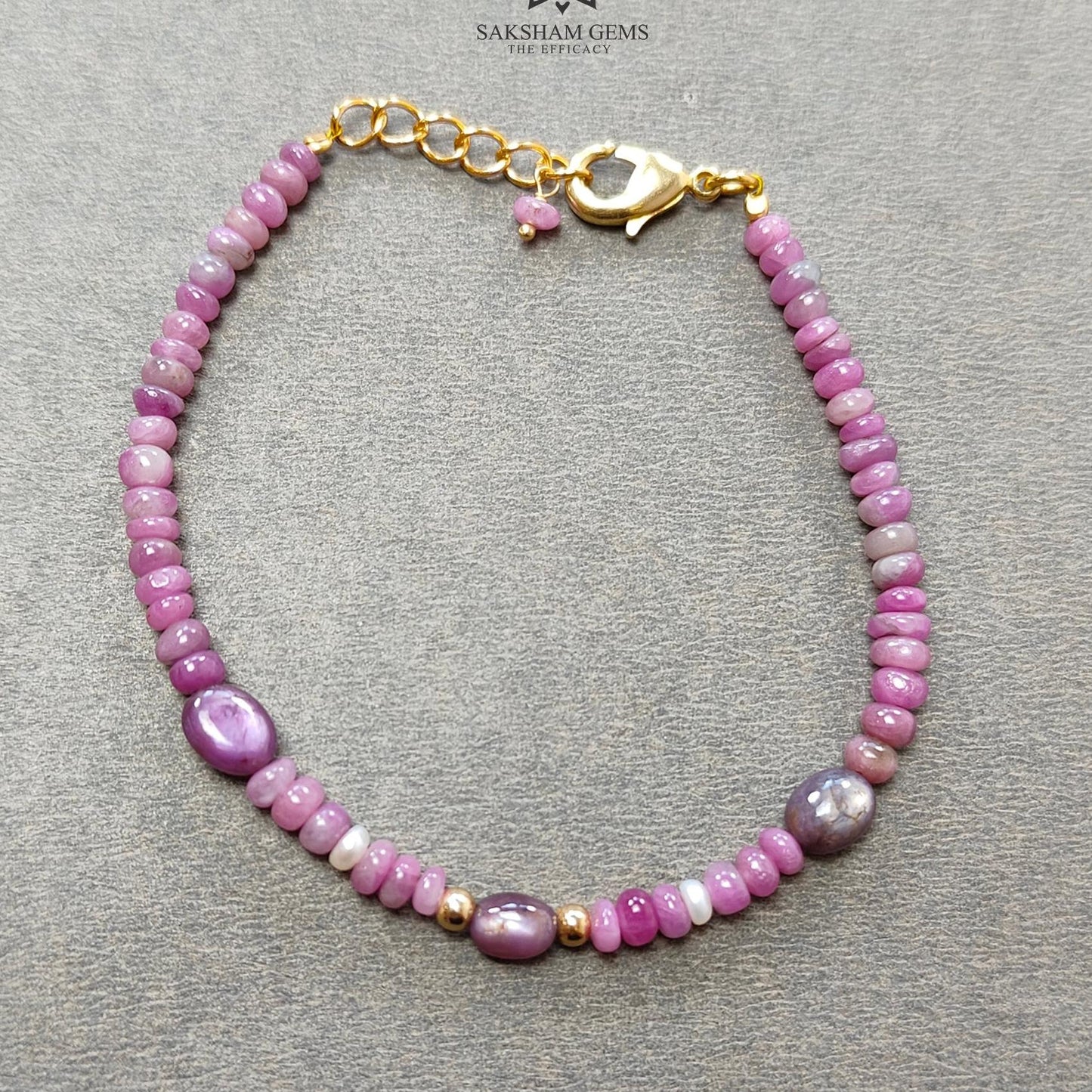 Ruby & Pearl Gemstone Beads Bracelet : 5.71gms Natural Untreated Ruby Plain Round Oval Shape Beaded Brass Bracelet 7.5"