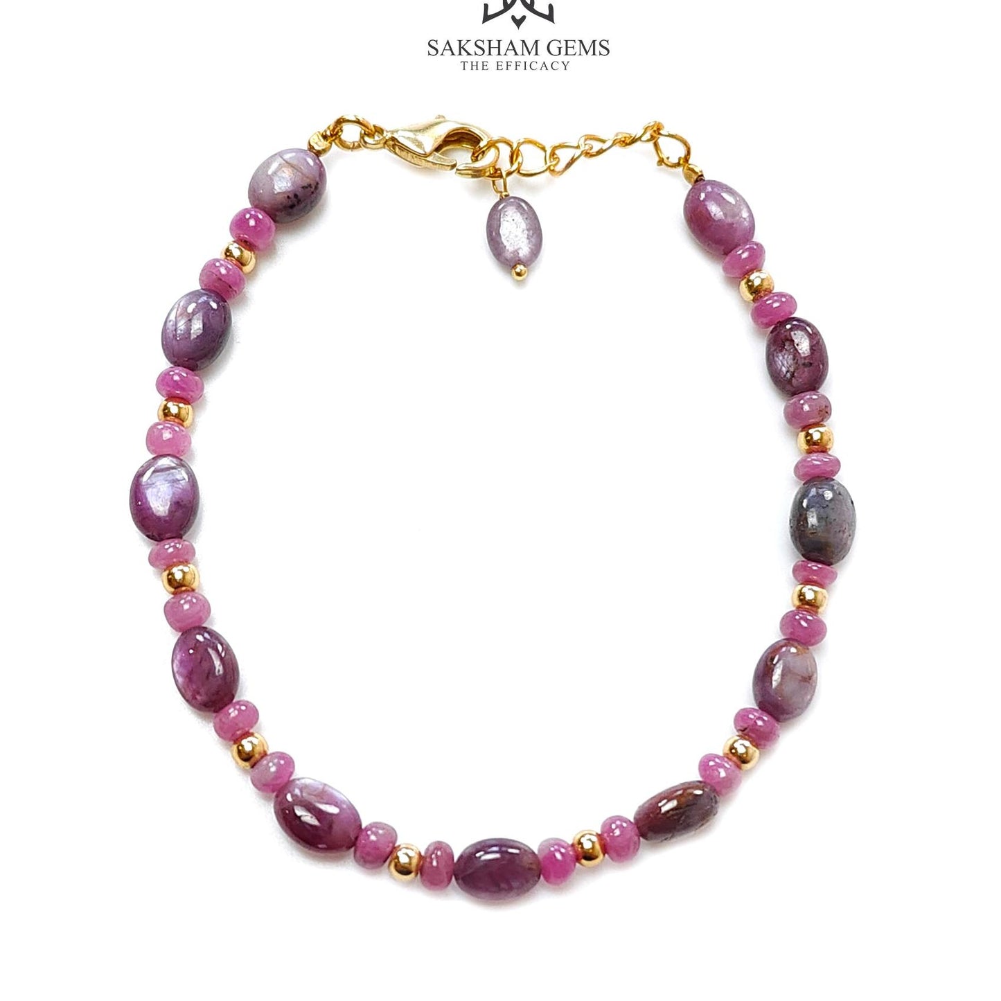 Ruby Gemstone Beads Bracelet : 7.18gms Natural Untreated Ruby Plain Round Oval Shape Beaded Plain Brass Bracelet 7.80"