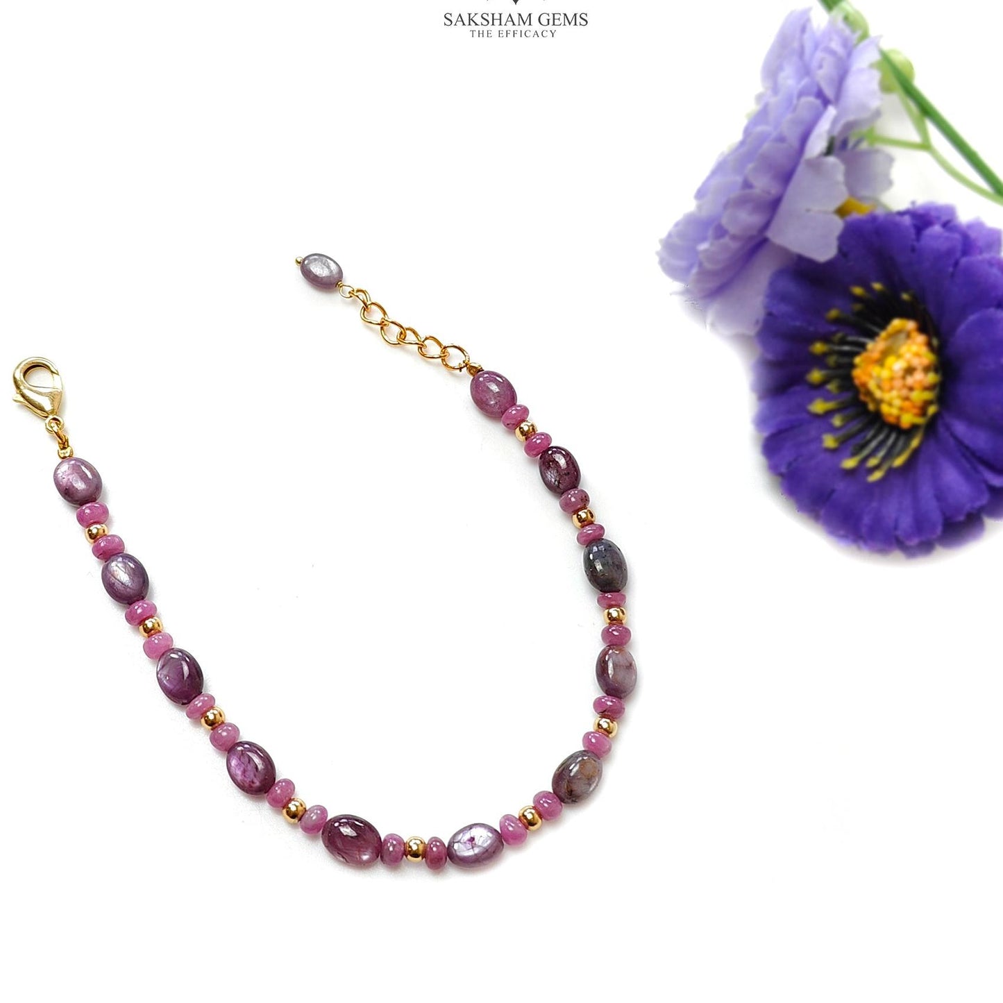 Ruby Gemstone Beads Bracelet : 7.18gms Natural Untreated Ruby Plain Round Oval Shape Beaded Plain Brass Bracelet 7.80"