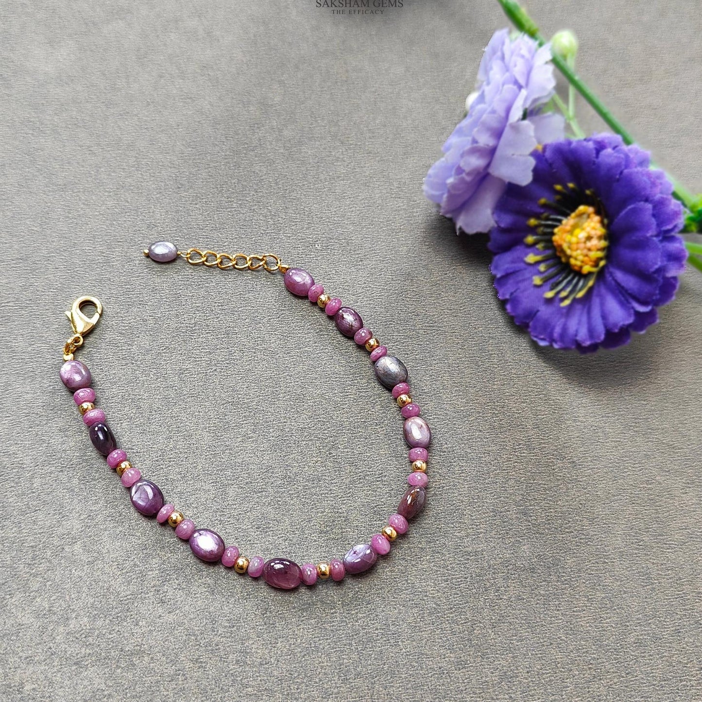 Ruby Gemstone Beads Bracelet : 7.18gms Natural Untreated Ruby Plain Round Oval Shape Beaded Plain Brass Bracelet 7.80"