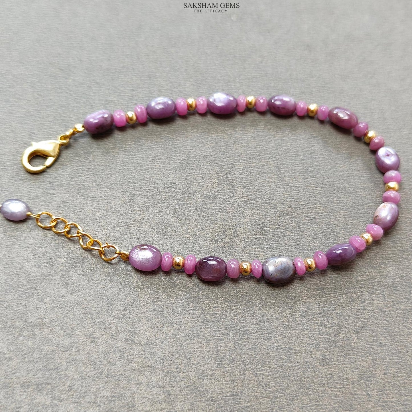 Ruby Gemstone Beads Bracelet : 7.18gms Natural Untreated Ruby Plain Round Oval Shape Beaded Plain Brass Bracelet 7.80"