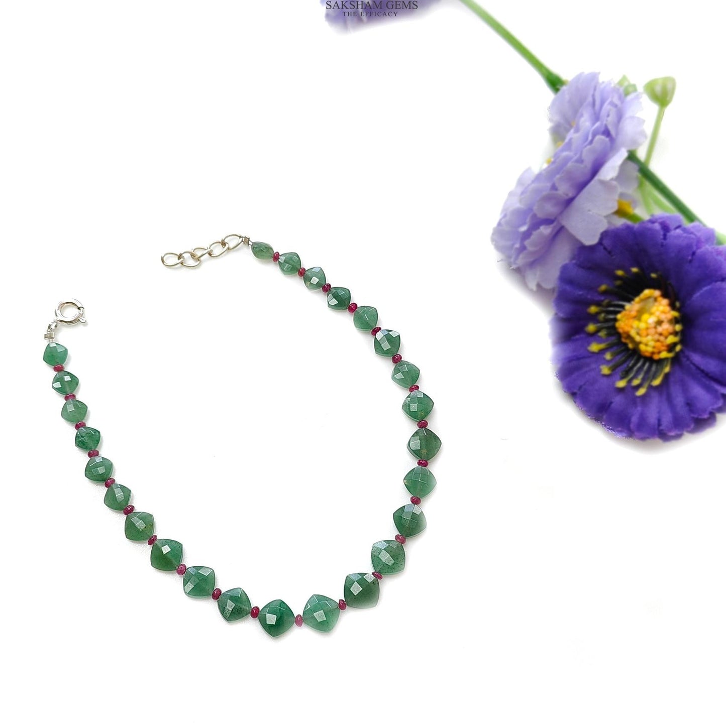 Quartz & Ruby Beads Bracelet : 4.78gms 925 Sterling Silver Green Quartz And Pink Ruby Briolette Cushion Checker Cut Bracelet 8.5"