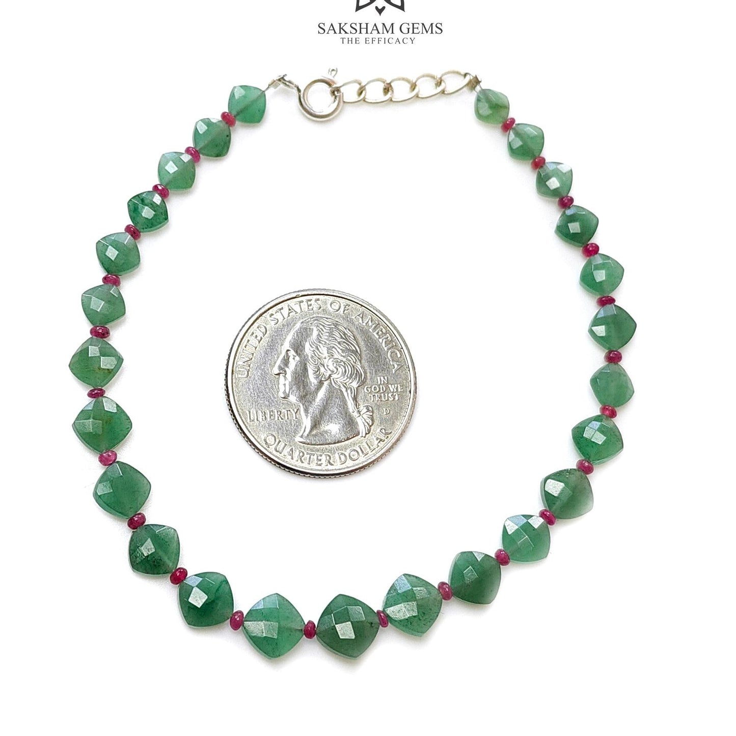 Quartz & Ruby Beads Bracelet : 4.78gms 925 Sterling Silver Green Quartz And Pink Ruby Briolette Cushion Checker Cut Bracelet 8.5"