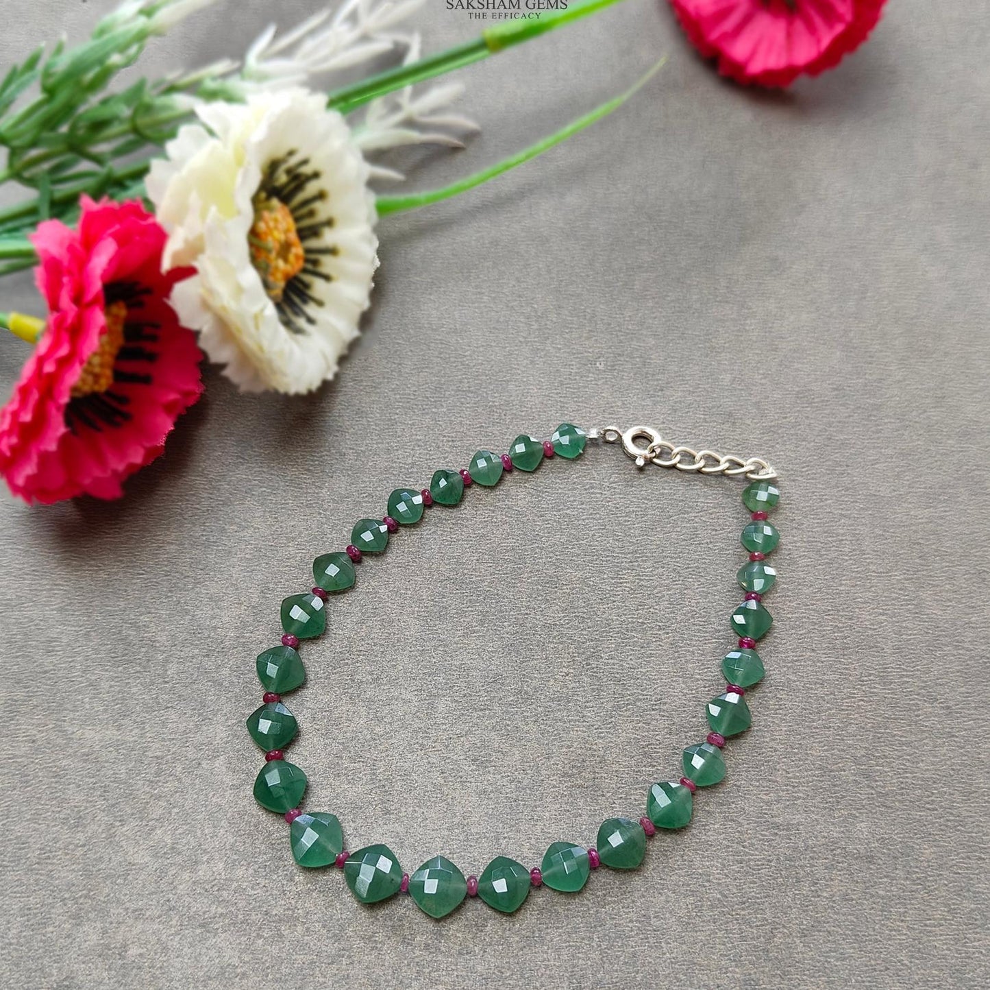 Quartz & Ruby Beads Bracelet : 4.78gms 925 Sterling Silver Green Quartz And Pink Ruby Briolette Cushion Checker Cut Bracelet 8.5"