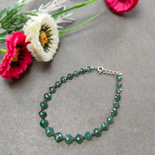 Quartz & Ruby Beads Bracelet : 4.78gms 925 Sterling Silver Green Quartz And Pink Ruby Briolette Cushion Checker Cut Bracelet 8.5"