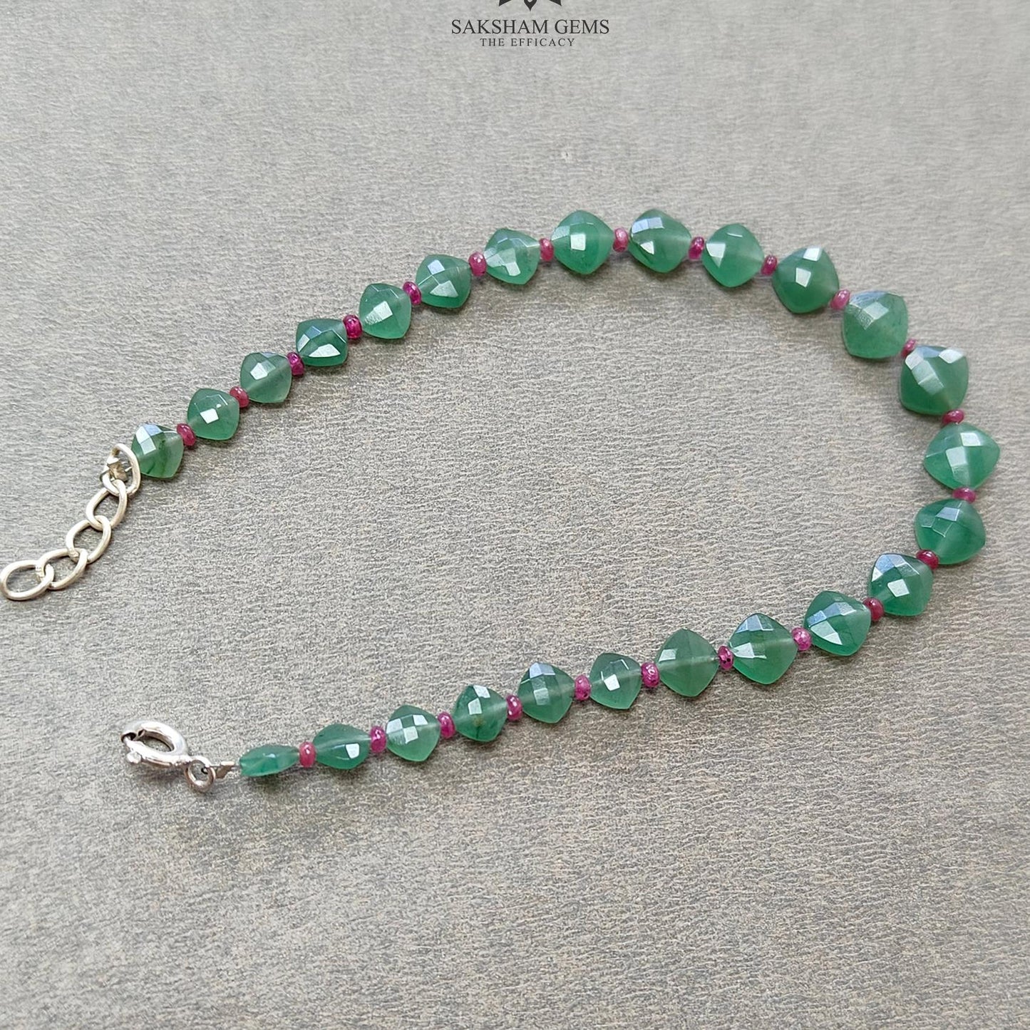 Quartz & Ruby Beads Bracelet : 4.78gms 925 Sterling Silver Green Quartz And Pink Ruby Briolette Cushion Checker Cut Bracelet 8.5"