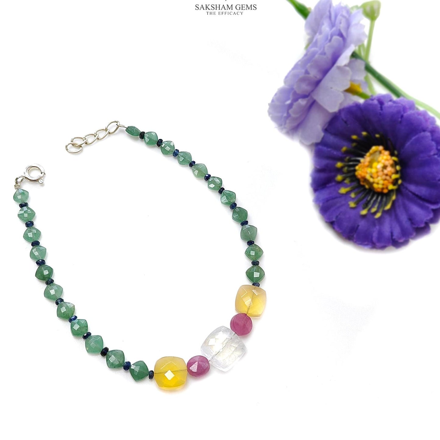 Gemstone Beads Bracelet : 5.20gms Green Quartz Yellow Opal Moonstone & Sapphire 925 Sterling Sliver Beaded Bracelet Checker Cut 8.25"