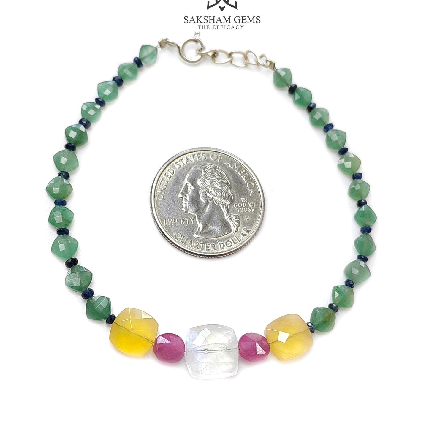 Gemstone Beads Bracelet : 5.20gms Green Quartz Yellow Opal Moonstone & Sapphire 925 Sterling Sliver Beaded Bracelet Checker Cut 8.25"
