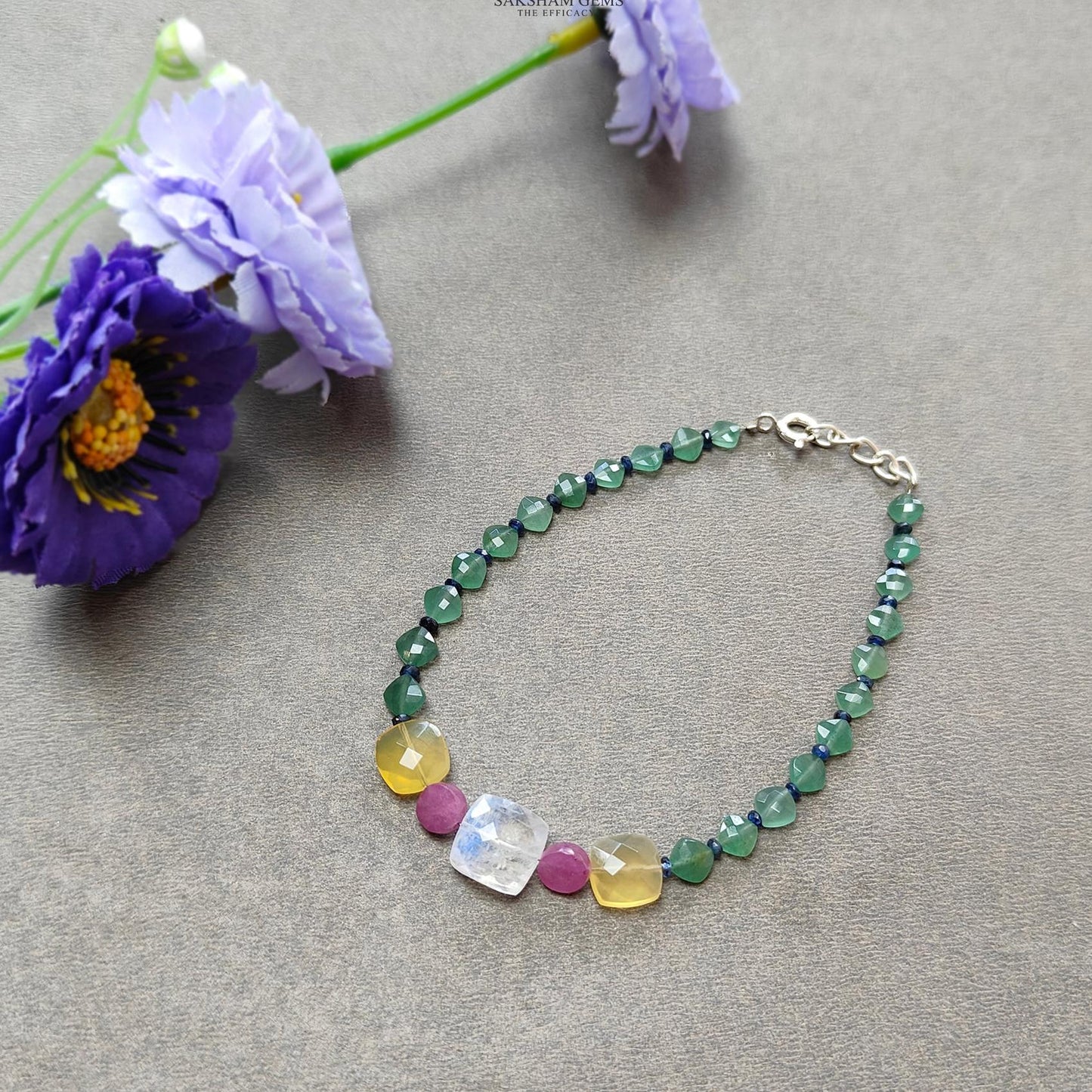 Gemstone Beads Bracelet : 5.20gms Green Quartz Yellow Opal Moonstone & Sapphire 925 Sterling Sliver Beaded Bracelet Checker Cut 8.25"