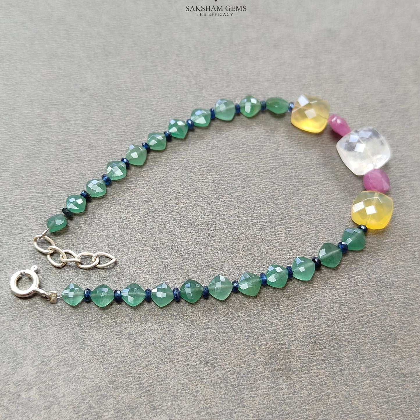 Gemstone Beads Bracelet : 5.20gms Green Quartz Yellow Opal Moonstone & Sapphire 925 Sterling Sliver Beaded Bracelet Checker Cut 8.25"