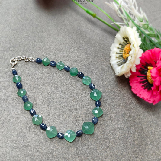Quartz & Sapphire Gemstone Beads Bracelet : 7.63gms Green Quartz Blue Sapphire 925 Sterling Sliver Beaded Bracelet Checker Cut 8.5"