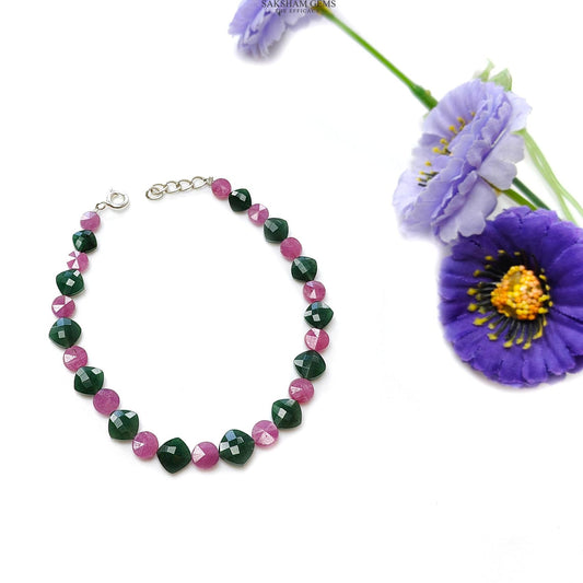 Quartz & Ruby Beads Bracelet : 7.78gms 925 Sterling Silver Green Quartz And Pink Ruby Briolette Cushion Checker Cut Bracelet 8.25"