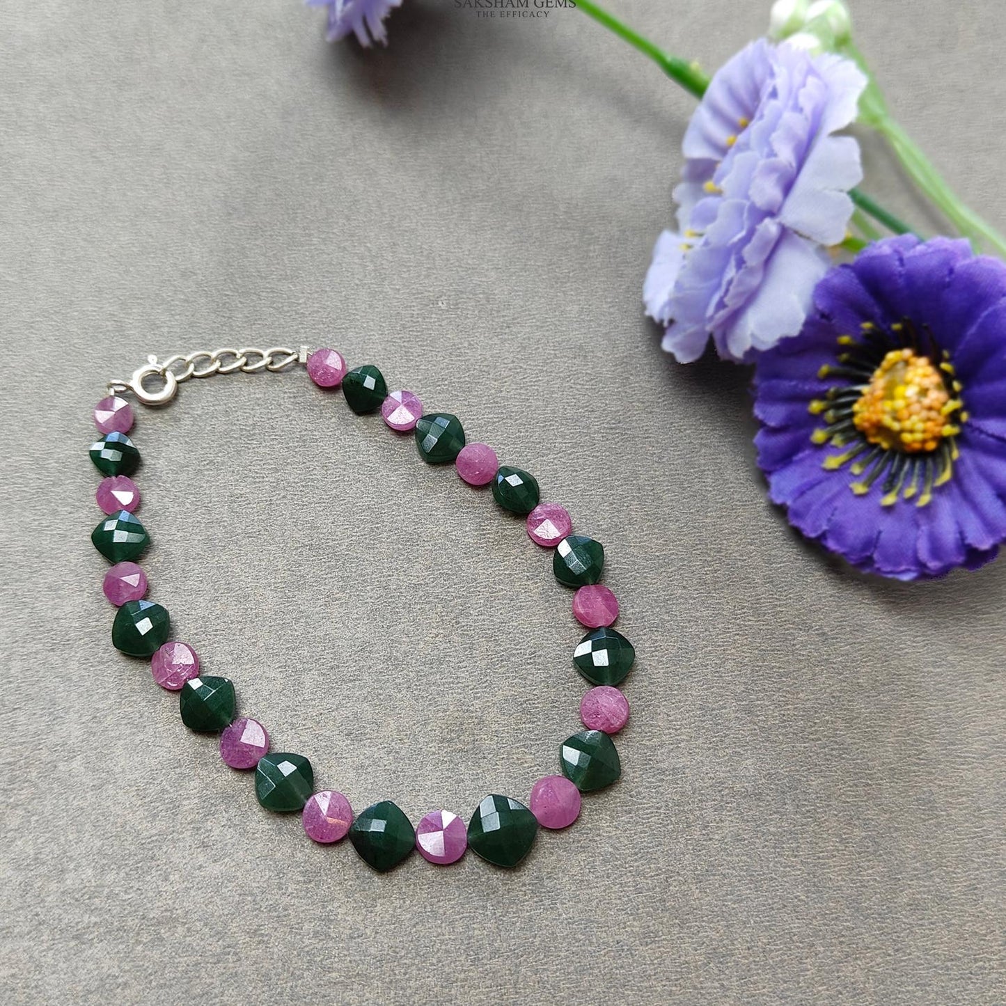 Quartz & Ruby Beads Bracelet : 7.78gms 925 Sterling Silver Green Quartz And Pink Ruby Briolette Cushion Checker Cut Bracelet 8.25"