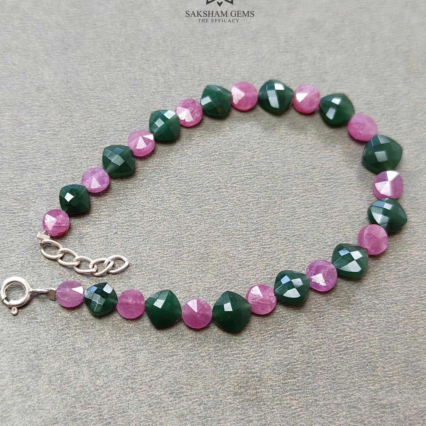Quartz & Ruby Beads Bracelet : 7.78gms 925 Sterling Silver Green Quartz And Pink Ruby Briolette Cushion Checker Cut Bracelet 8.25"