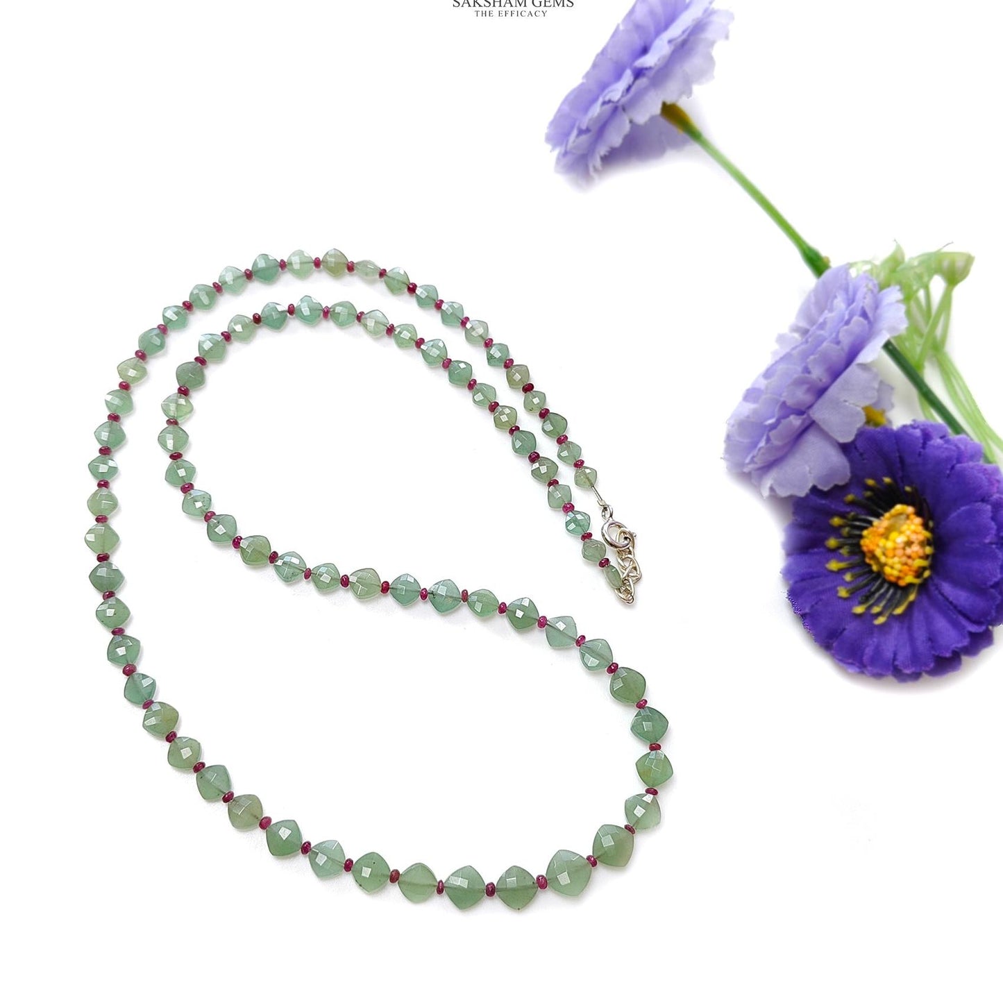 Quartz & Ruby Beads Necklace : 10.47gms 925 Sterling Silver Ruby Green Quartz Briolette Faceted Cushion Necklace 20"