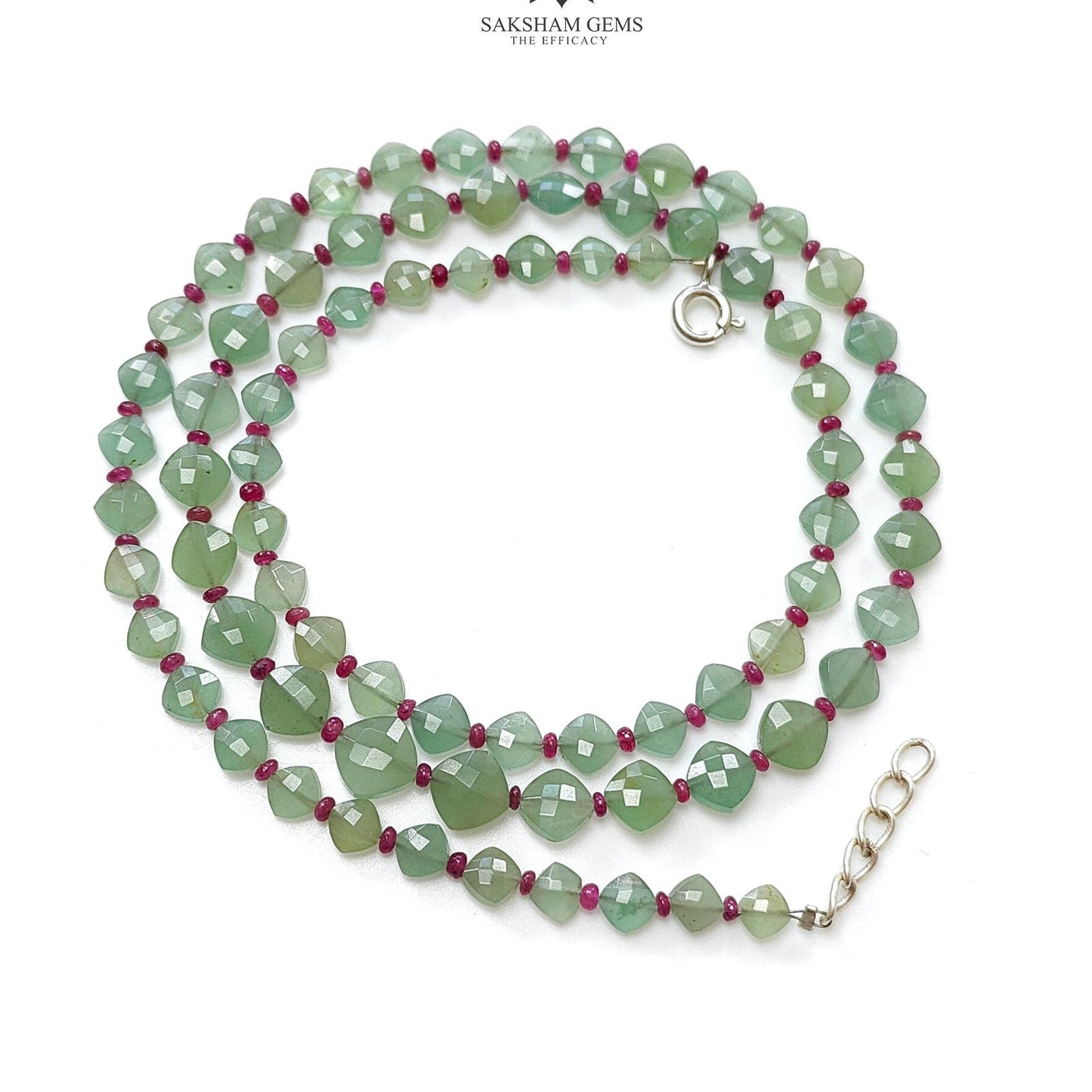 Quartz & Ruby Beads Necklace : 10.47gms 925 Sterling Silver Ruby Green Quartz Briolette Faceted Cushion Necklace 20"