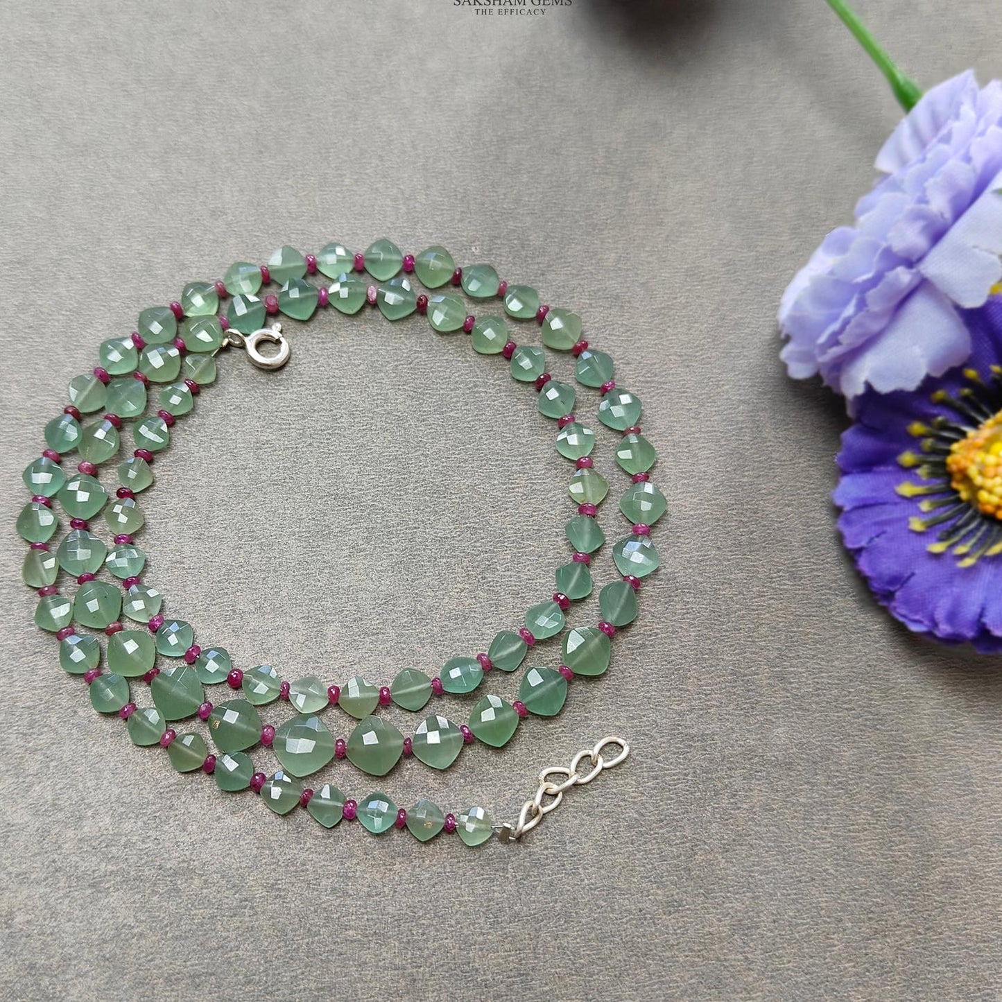 Quartz & Ruby Beads Necklace : 10.47gms 925 Sterling Silver Ruby Green Quartz Briolette Faceted Cushion Necklace 20"