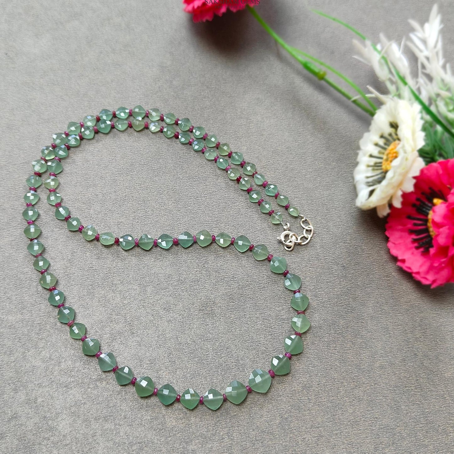 Quartz & Ruby Beads Necklace : 10.47gms 925 Sterling Silver Ruby Green Quartz Briolette Faceted Cushion Necklace 20"