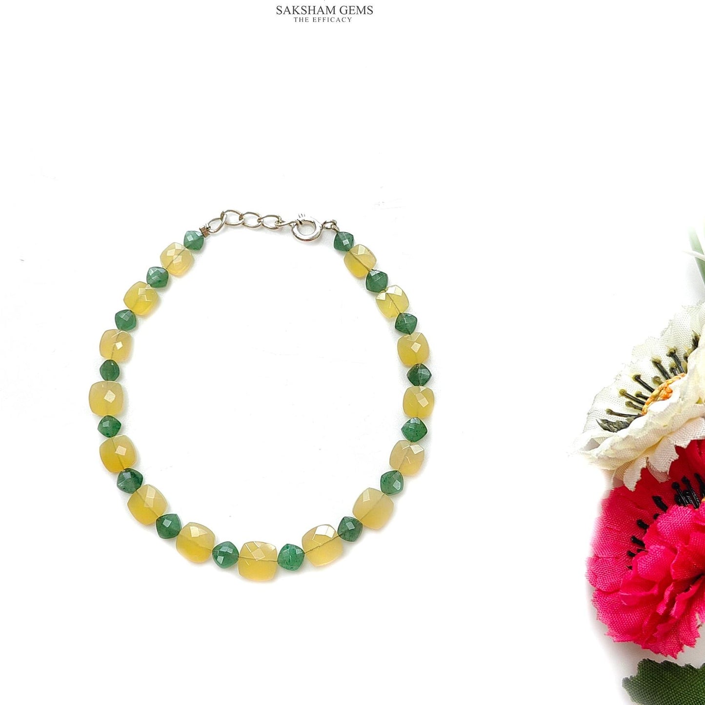 Opal & Quartz Beads Bracelet : 4.38gms 925 Sterling Silver Yellow Opal And Green Quartz Gemstone Briolette Cushion Checker Cut Bracelet 8"