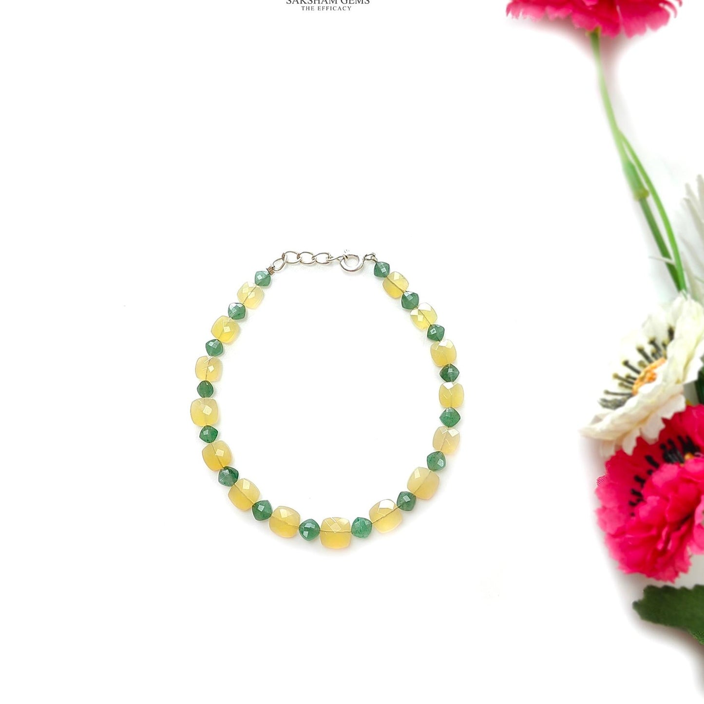 Opal & Quartz Beads Bracelet : 4.38gms 925 Sterling Silver Yellow Opal And Green Quartz Gemstone Briolette Cushion Checker Cut Bracelet 8"