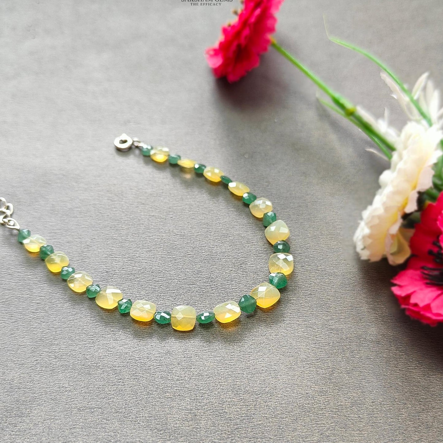 Opal & Quartz Beads Bracelet : 4.38gms 925 Sterling Silver Yellow Opal And Green Quartz Gemstone Briolette Cushion Checker Cut Bracelet 8"