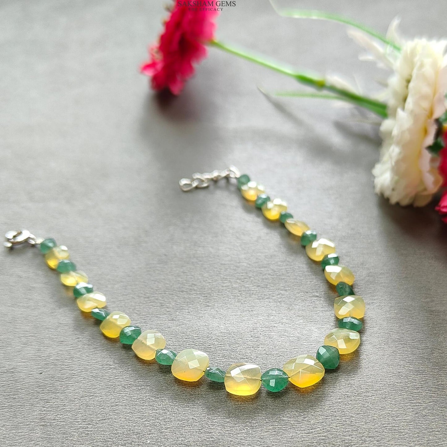 Opal & Quartz Beads Bracelet : 4.38gms 925 Sterling Silver Yellow Opal And Green Quartz Gemstone Briolette Cushion Checker Cut Bracelet 8"