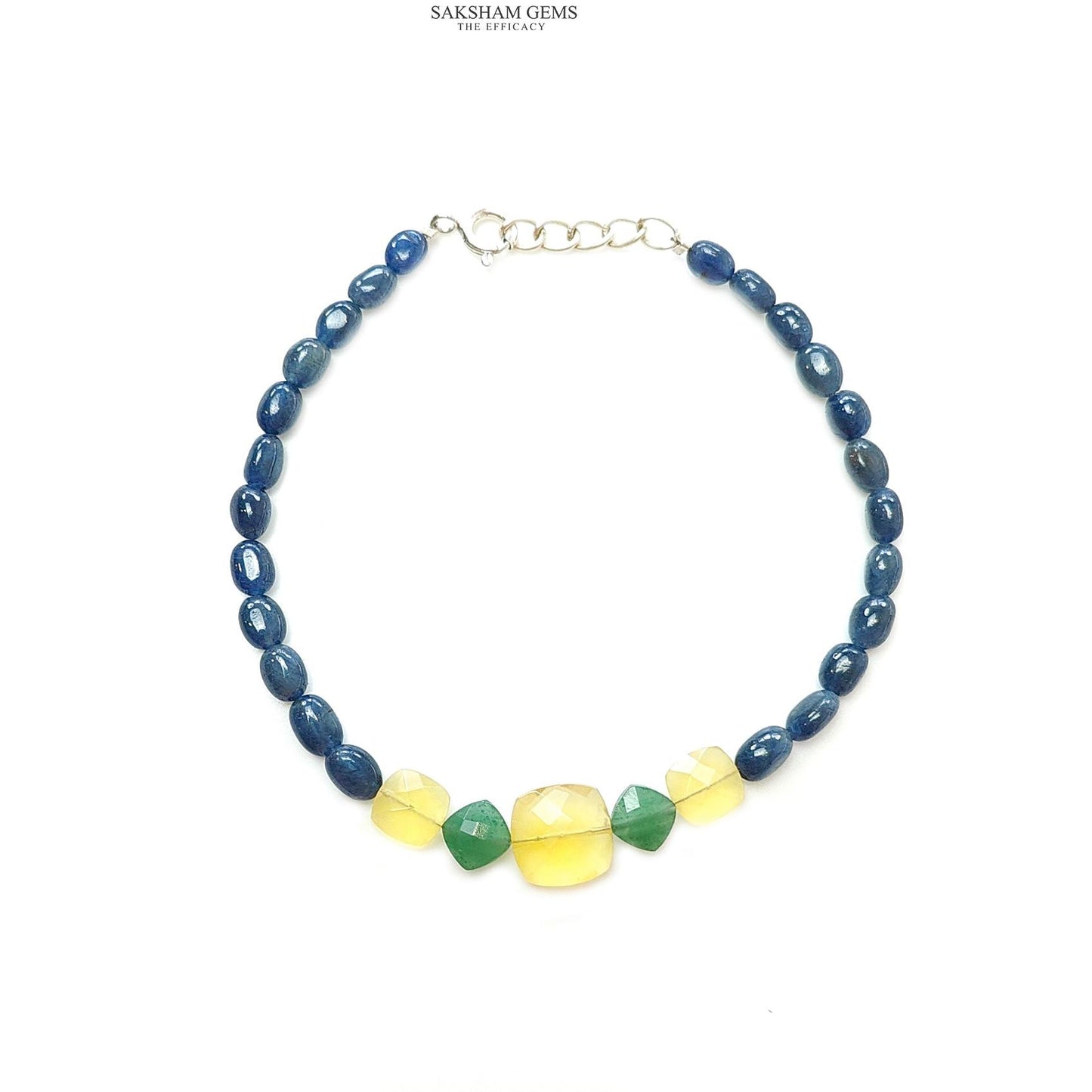 Sapphire & Quartz Opal Gemstone Sterling Silver Bracelet : 6.64gms Blue Sapphire Yellow Opal Gemstone Beaded Bracelet Checker Cut 8"