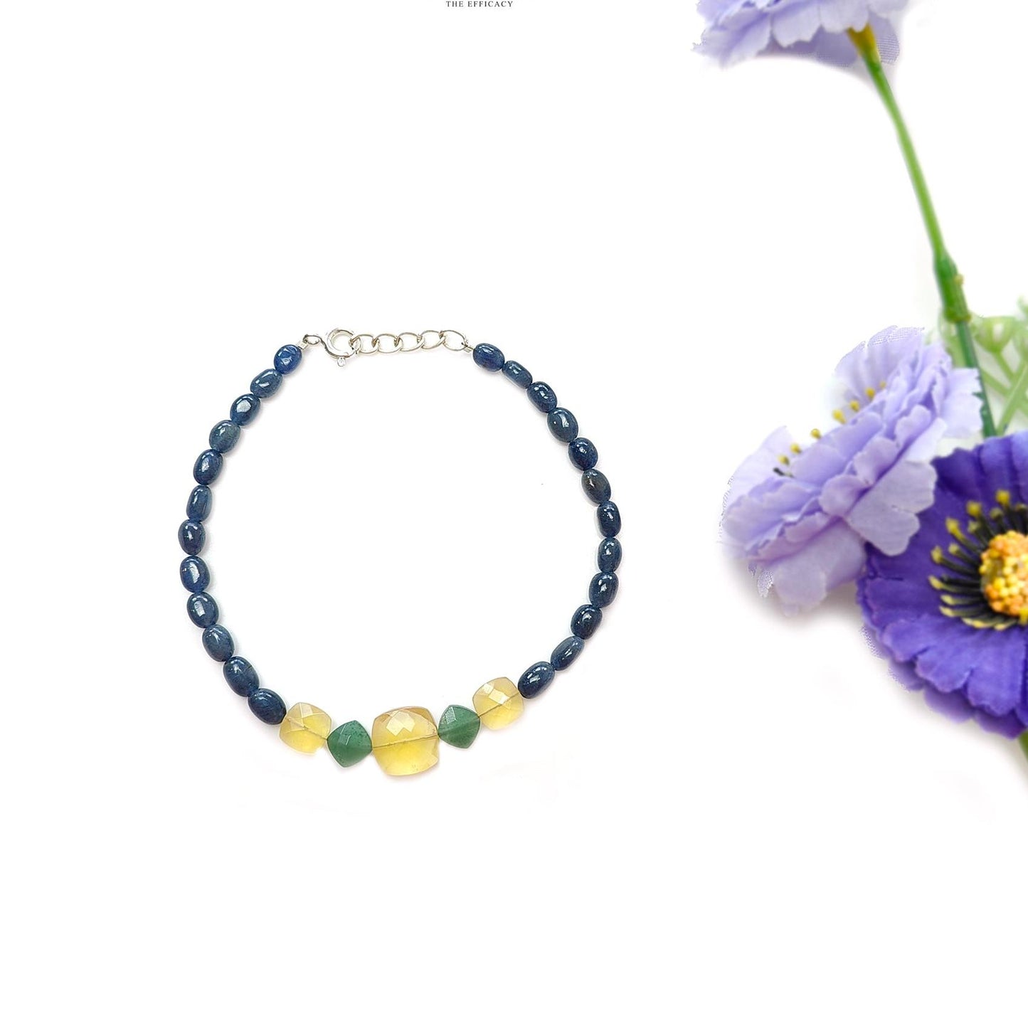 Sapphire & Quartz Opal Gemstone Sterling Silver Bracelet : 6.64gms Blue Sapphire Yellow Opal Gemstone Beaded Bracelet Checker Cut 8"