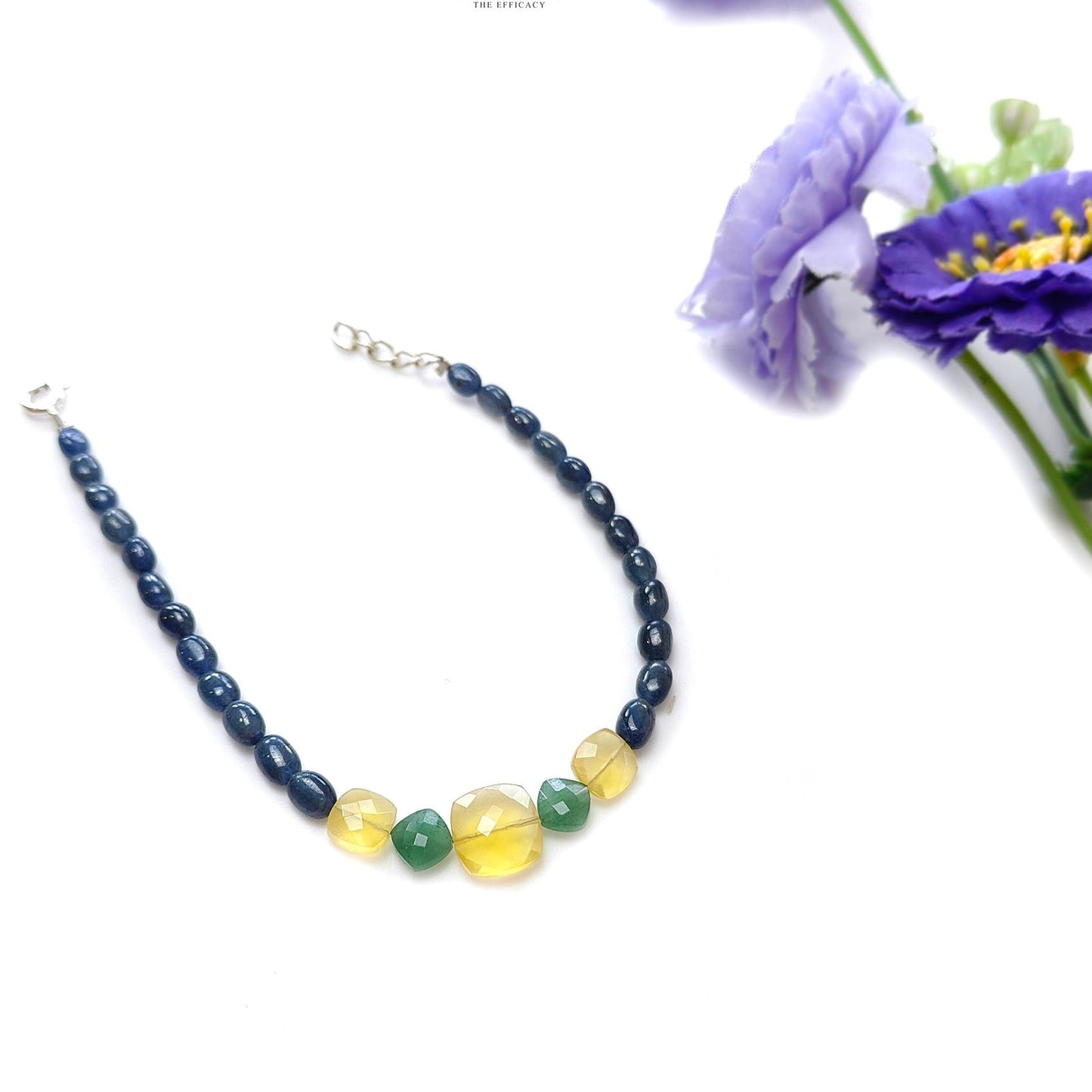 Sapphire & Quartz Opal Gemstone Sterling Silver Bracelet : 6.64gms Blue Sapphire Yellow Opal Gemstone Beaded Bracelet Checker Cut 8"