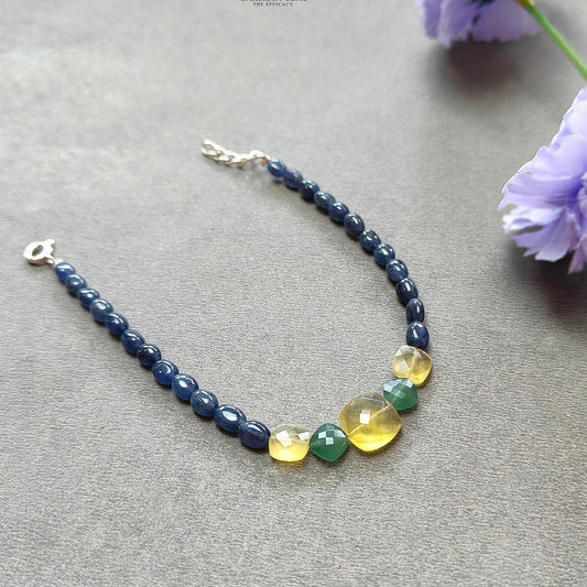 Sapphire & Quartz Opal Gemstone Sterling Silver Bracelet : 6.64gms Blue Sapphire Yellow Opal Gemstone Beaded Bracelet Checker Cut 8"