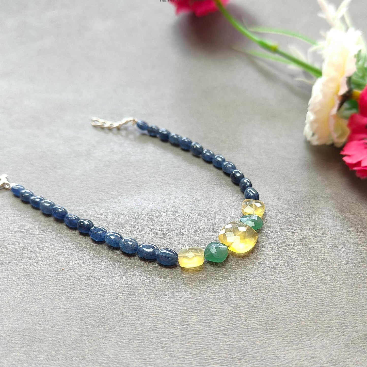 Sapphire & Quartz Opal Gemstone Sterling Silver Bracelet : 6.64gms Blue Sapphire Yellow Opal Gemstone Beaded Bracelet Checker Cut 8"