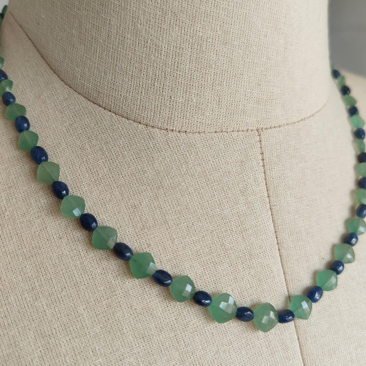 Sapphire & Quartz Beads Necklace : 11.65gms 925 Sterling Silver Blue Sapphire Green Quartz Briolette Faceted Plain Oval Cushion Necklace 18"