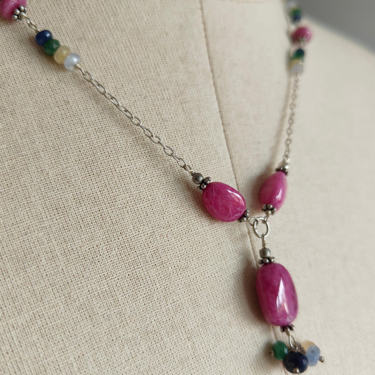 Ruby & Emerald Sapphire Gemstone With 925 Sterling Silver Jewelry : 21.87gms Natural Untreated Plain Faceted Beaded Earrings Necklace Set