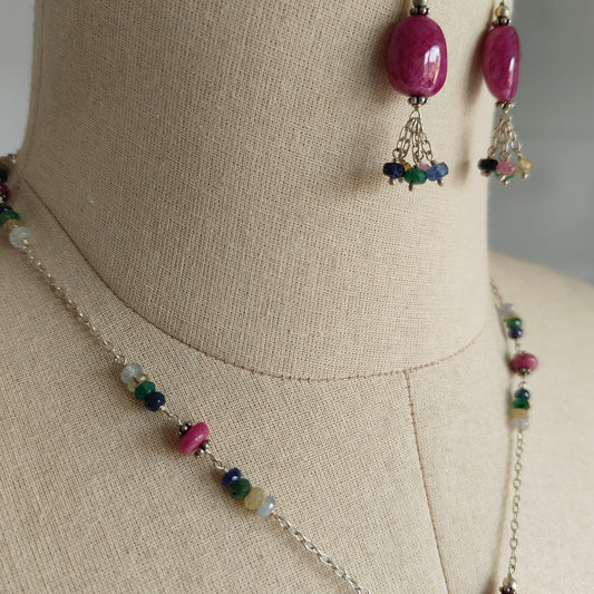 Ruby & Emerald Sapphire Gemstone With 925 Sterling Silver Jewelry : 21.87gms Natural Untreated Plain Faceted Beaded Earrings Necklace Set