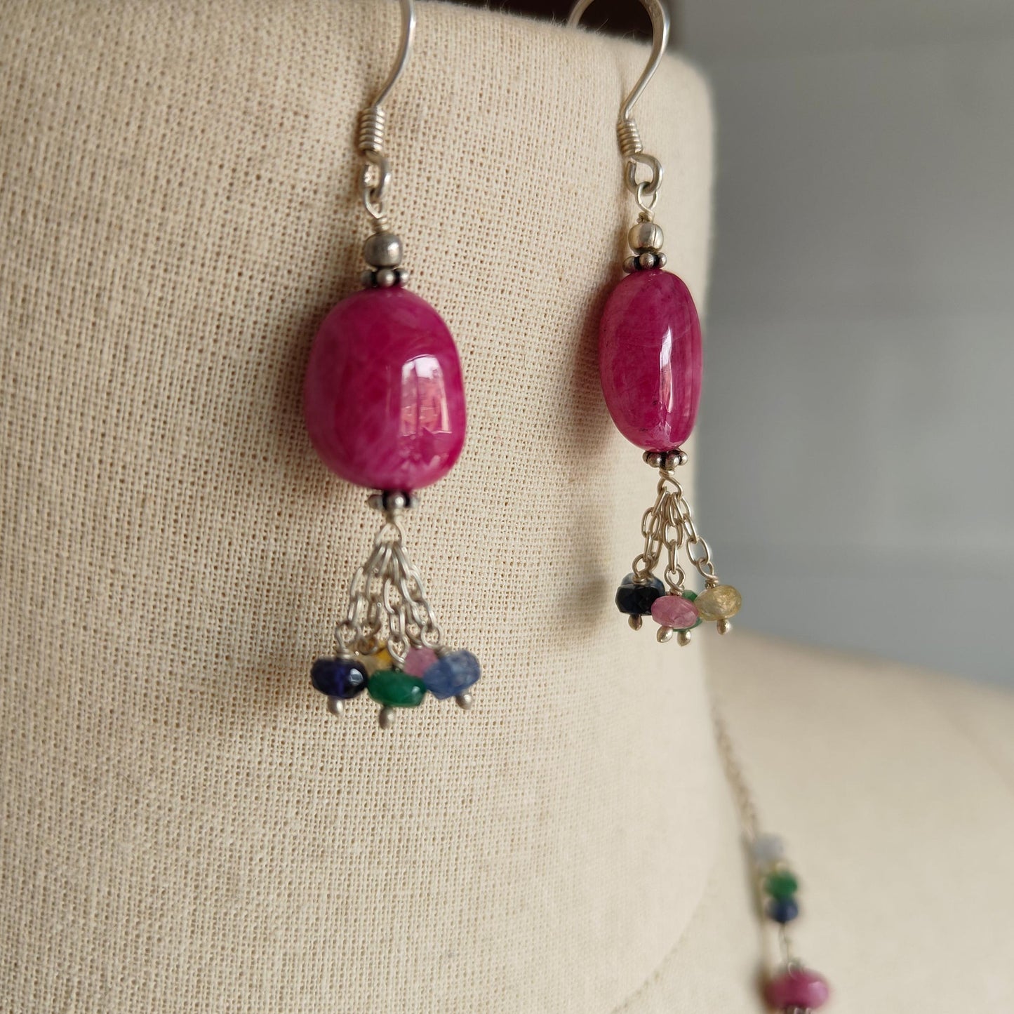 Ruby & Emerald Sapphire Gemstone With 925 Sterling Silver Jewelry : 21.87gms Natural Untreated Plain Faceted Beaded Earrings Necklace Set