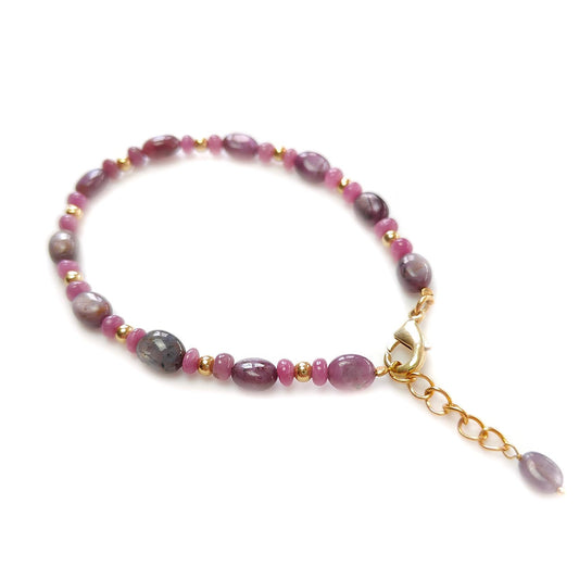Ruby Gemstone Beads Bracelet : 7.18gms Natural Untreated Ruby Plain Round Oval Shape Beaded Plain Brass Bracelet 7.80"