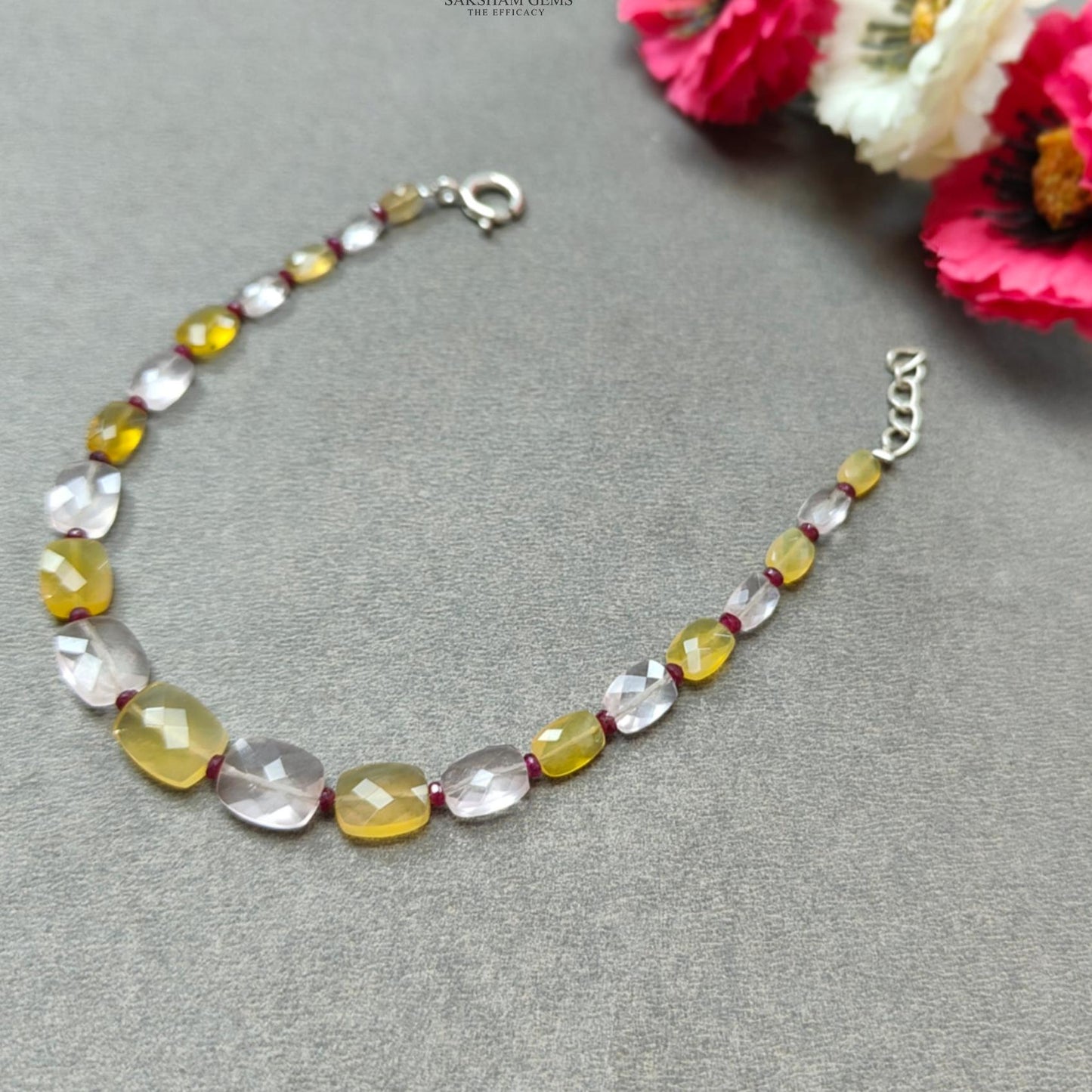 Opal Morganite & Ruby Beads Bracelet: 5.76gms 925 Sterling Silver Yellow Opal And Pink Morganite Gemstone Briolette Cushion Checker Cut 8.5"