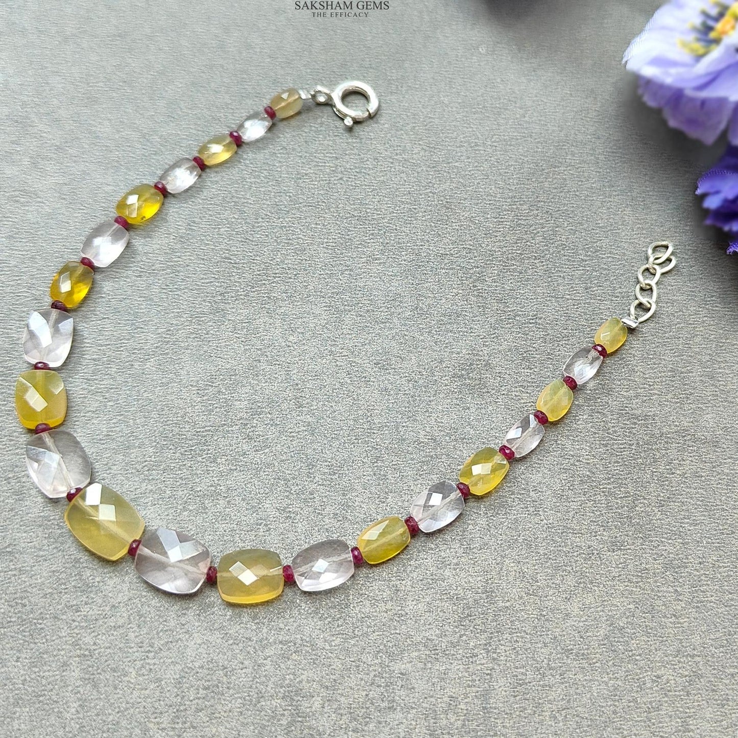 Opal Morganite & Ruby Beads Bracelet: 5.76gms 925 Sterling Silver Yellow Opal And Pink Morganite Gemstone Briolette Cushion Checker Cut 8.5"