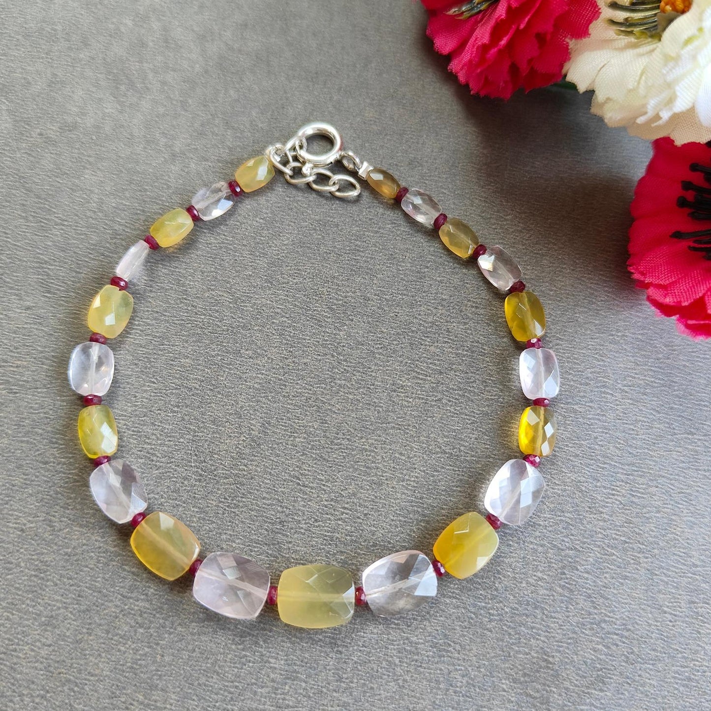 Opal Morganite & Ruby Beads Bracelet: 5.76gms 925 Sterling Silver Yellow Opal And Pink Morganite Gemstone Briolette Cushion Checker Cut 8.5"