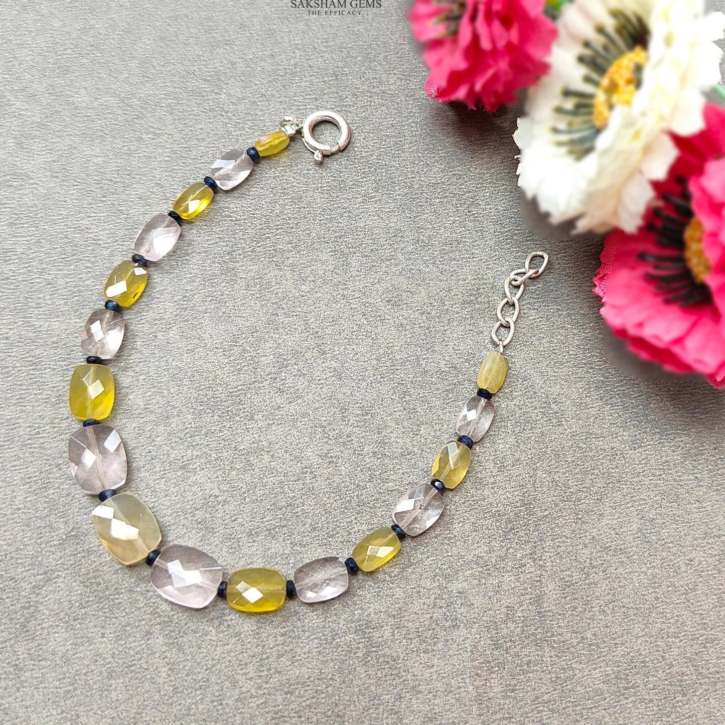 Opal & Morganite Beads Bracelet : 4.87gms 925 Sterling Silver Yellow Opal And Pink Morganite Gemstone Briolette Cushion Checker Cut 7"