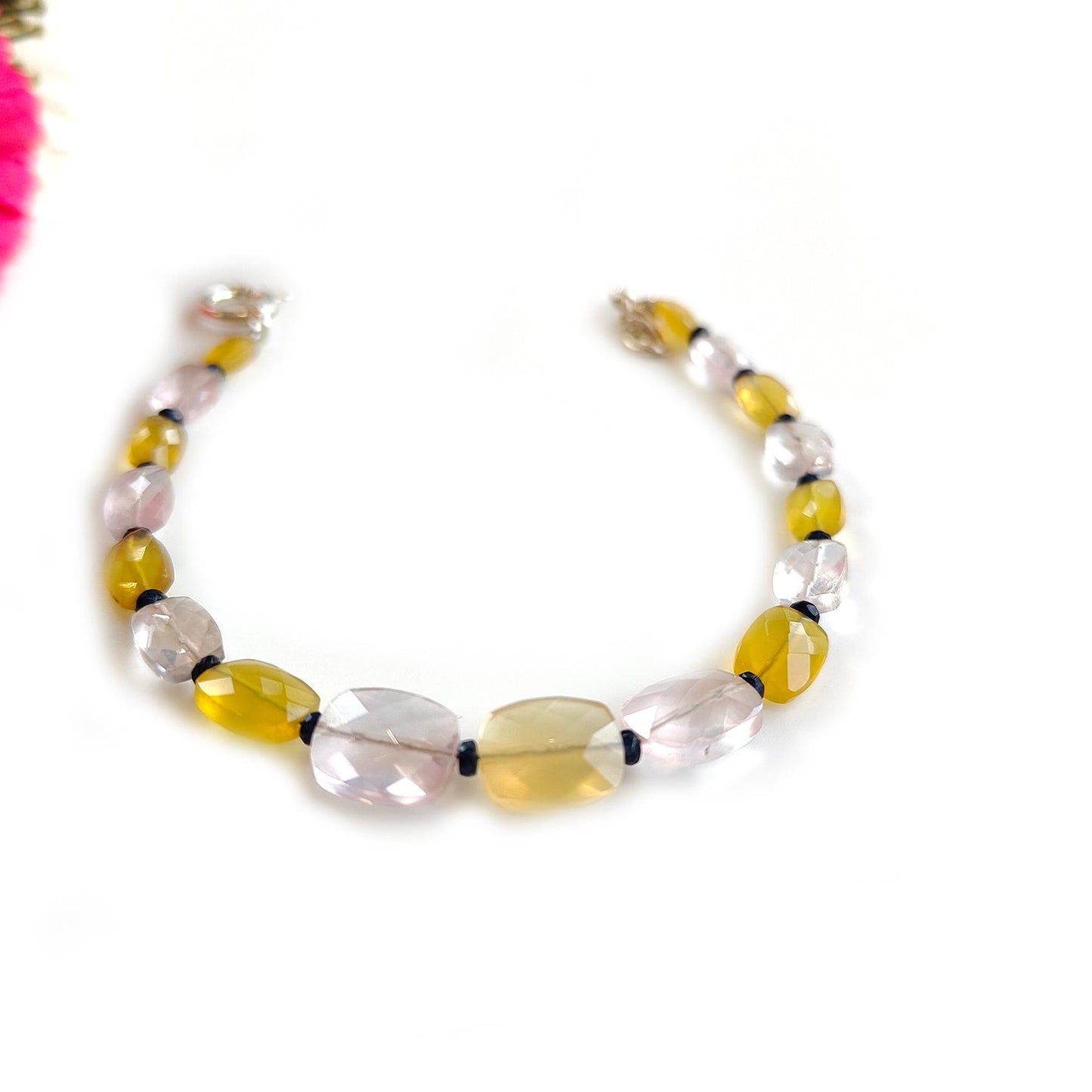 Opal & Morganite Beads Bracelet : 4.87gms 925 Sterling Silver Yellow Opal And Pink Morganite Gemstone Briolette Cushion Checker Cut 7"