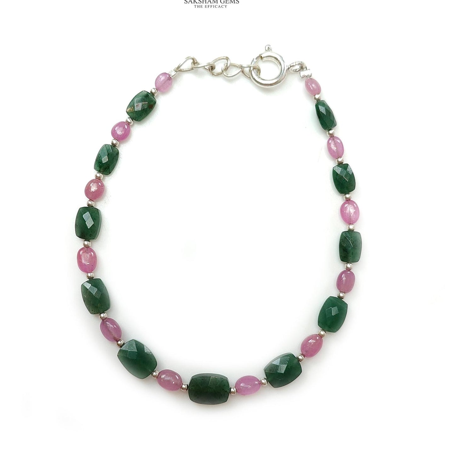 Quartz & Sapphire Gemstone Beads Bracelet : 4.04gms Green Quartz Pink Sapphire 925 Sterling Sliver Beaded Bracelet Checker Cut Bracelet 7.5"