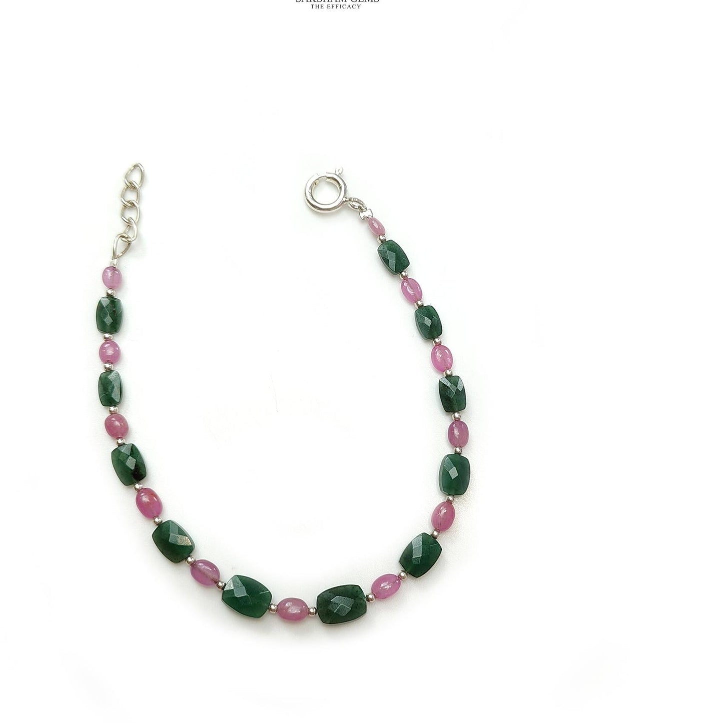 Quartz & Sapphire Gemstone Beads Bracelet : 4.04gms Green Quartz Pink Sapphire 925 Sterling Sliver Beaded Bracelet Checker Cut Bracelet 7.5"