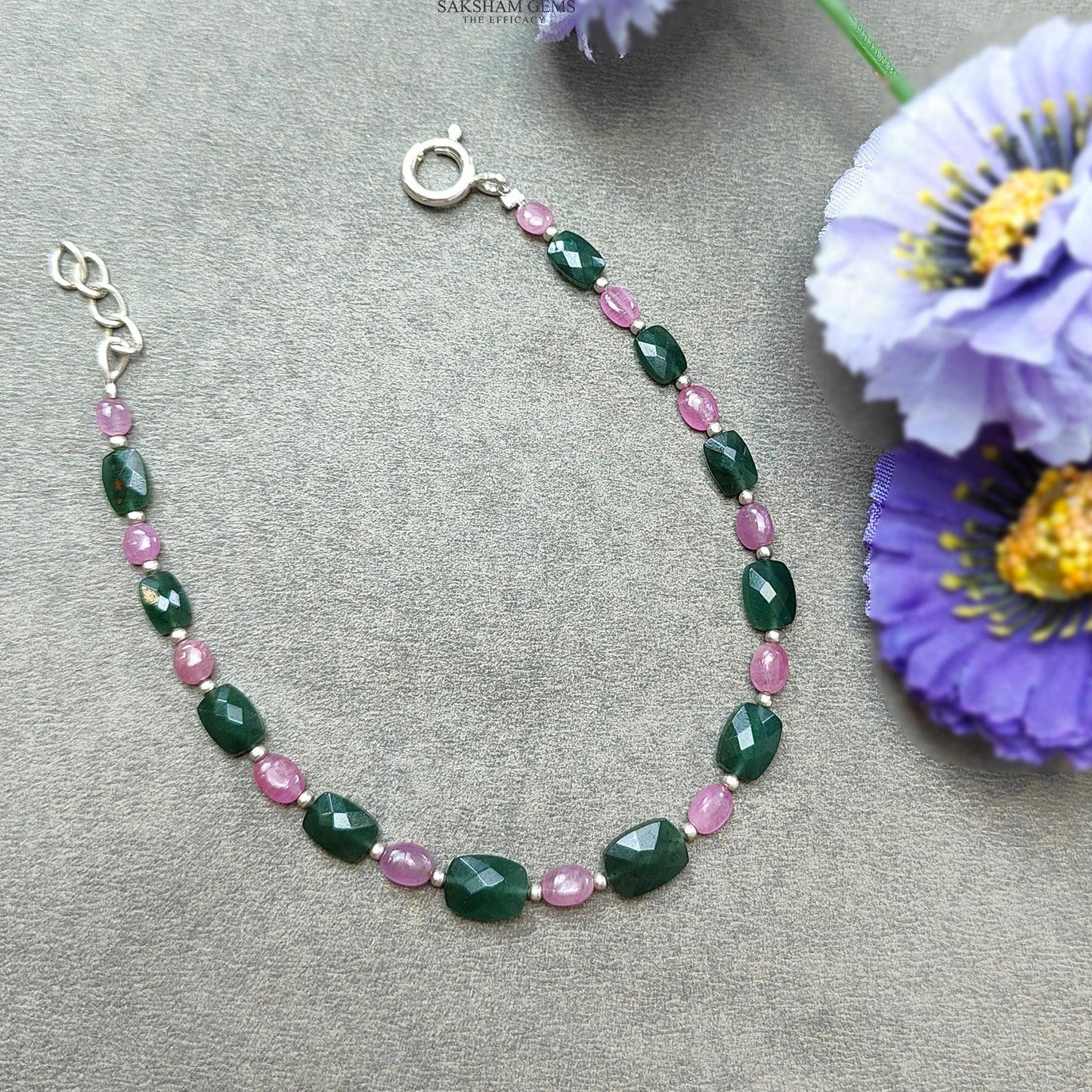 Quartz & Sapphire Gemstone Beads Bracelet : 4.04gms Green Quartz Pink Sapphire 925 Sterling Sliver Beaded Bracelet Checker Cut Bracelet 7.5"