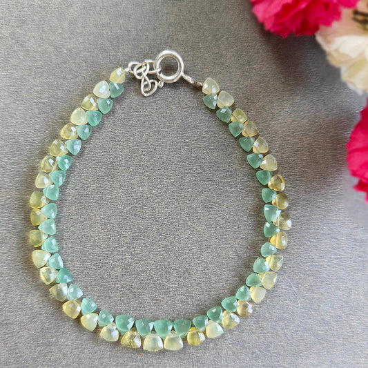 Opal & Quartz Beads Bracelet : 4.24gms 925 Sterling Silver Yellow Opal And Green Quartz Gemstone Briolette Triangle Checker Cut Bracelet 8"