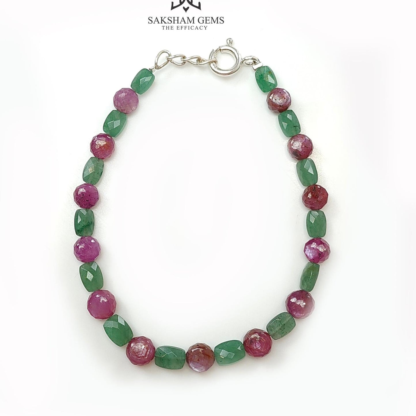 Quartz & Sapphire Gemstone Beads Bracelet : 8.59gms Green Quartz Pink Sapphire 925 Sterling Sliver Beaded Bracelet Checker Cut Bracelet 8"