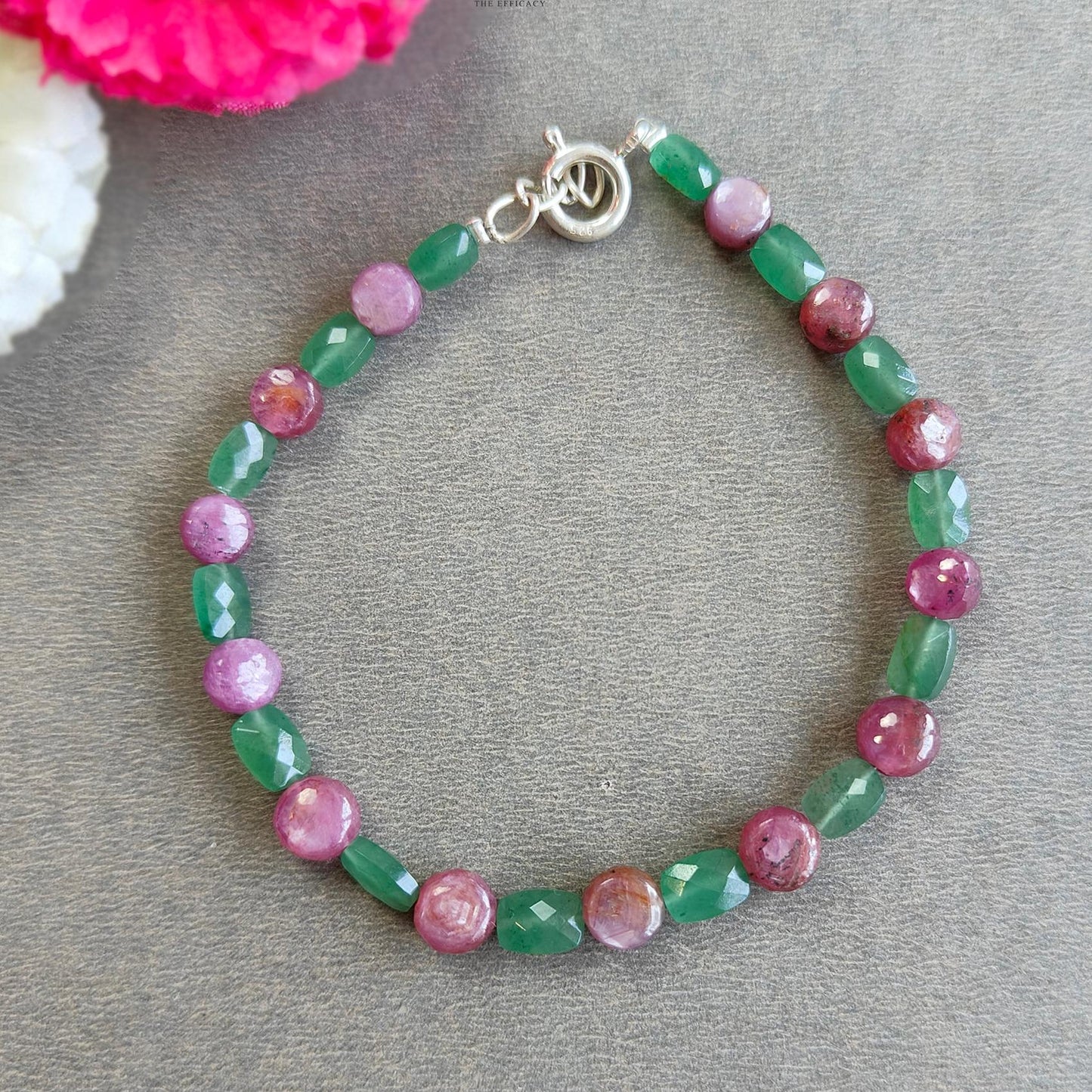 Quartz & Sapphire Gemstone Beads Bracelet : 8.59gms Green Quartz Pink Sapphire 925 Sterling Sliver Beaded Bracelet Checker Cut Bracelet 8"