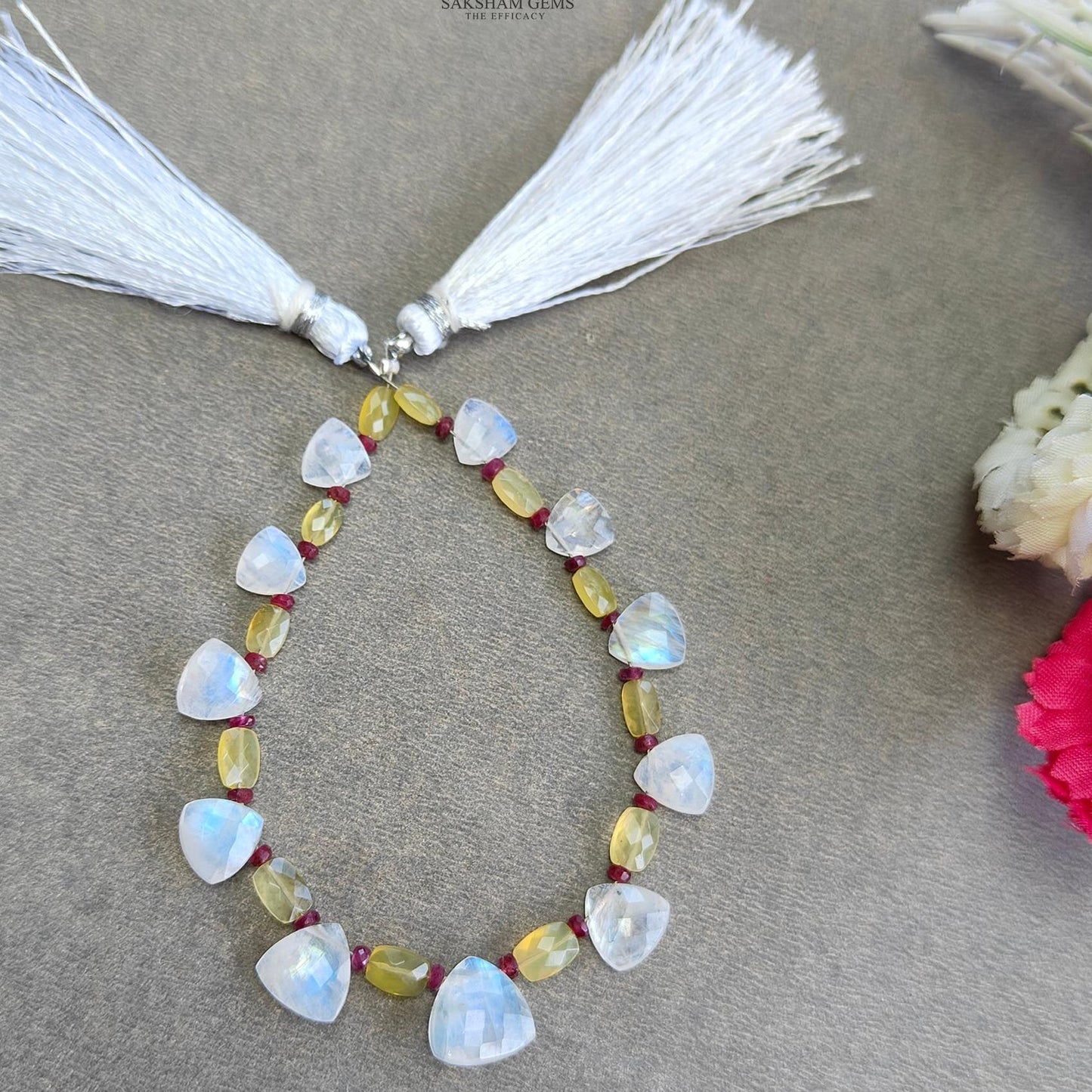 Moonstone Ruby & Opal Gemstone Checker Cut : 26.00cts Natural Tringle Cushion Faceted Briolette Loose Beads 5*3.5mm - 10mm For Bracelet