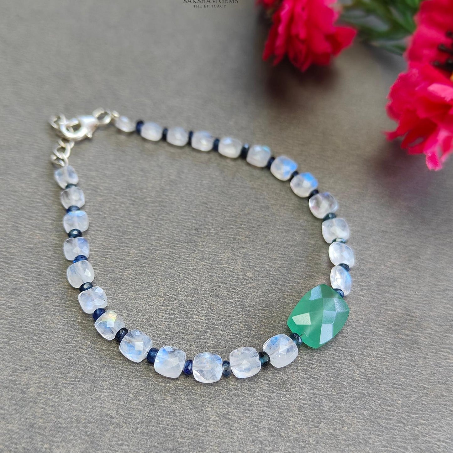 Gemstone Beads Bracelet : 3.56gms Green Quartz Rainbow Moonstone Blue Sapphire 925 Sterling Sliver Beaded Bracelet Briolette Checker Cut 7"