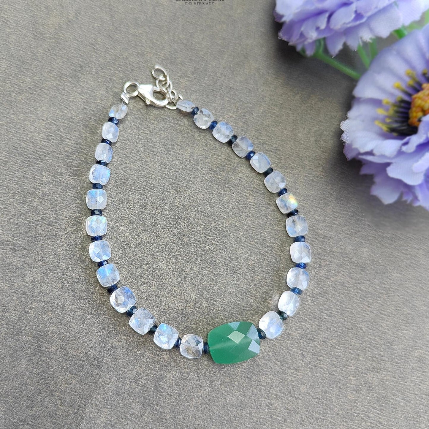 Gemstone Beads Bracelet : 3.56gms Green Quartz Rainbow Moonstone Blue Sapphire 925 Sterling Sliver Beaded Bracelet Briolette Checker Cut 7"